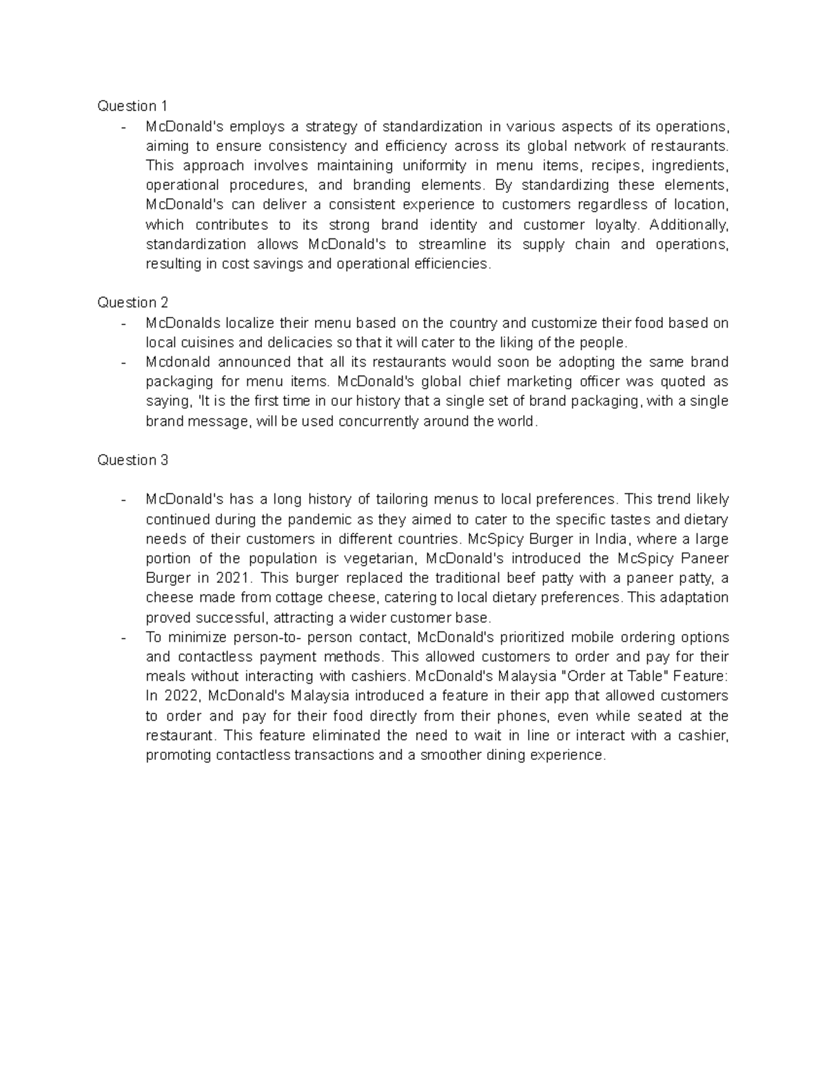 Tutorial 1 - MCDONALD ANALYSIS - Question 1 - McDonald's employs a ...