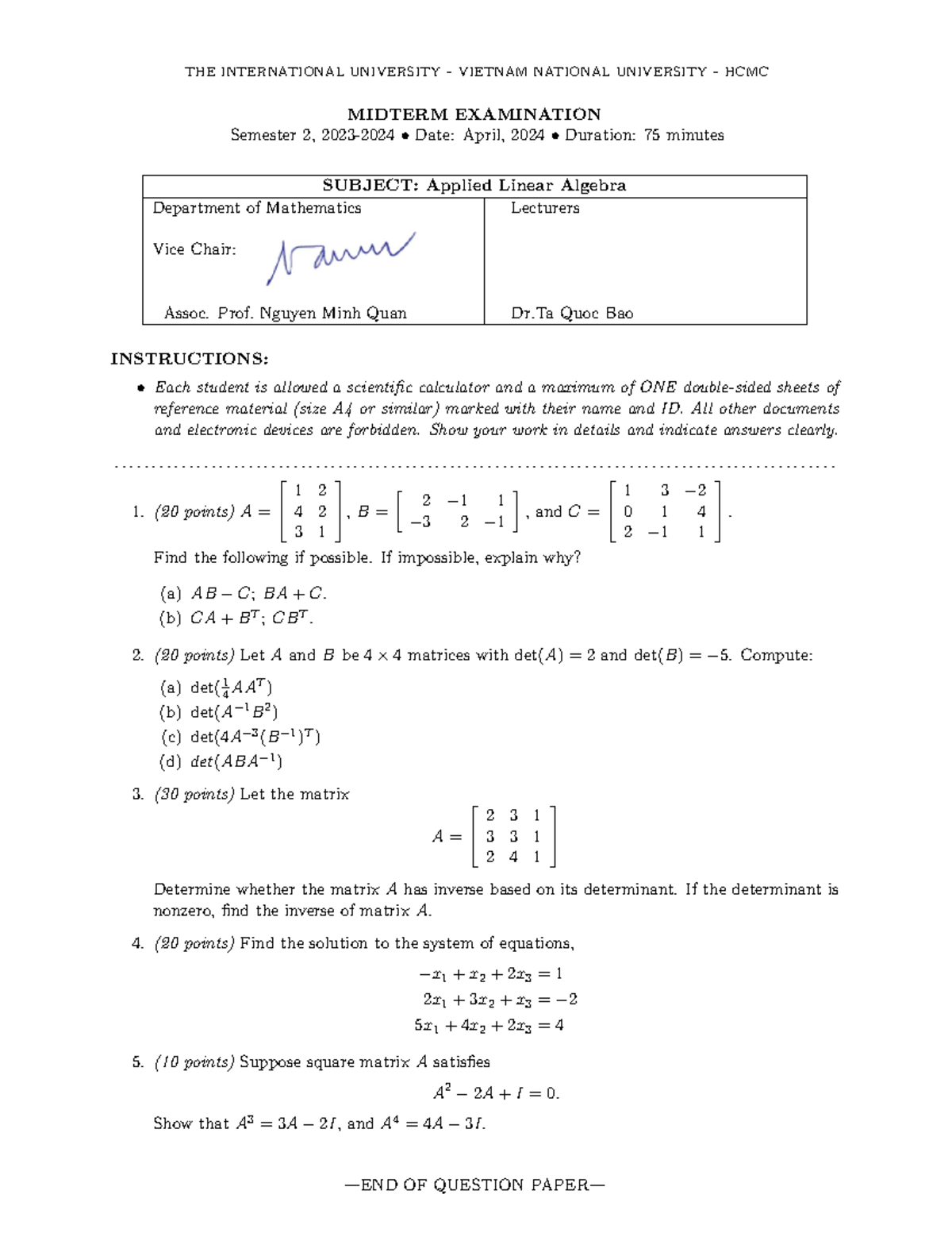 Applied Linear Algebra (ALA) Midterm Exam - Spring 2024 - Studocu