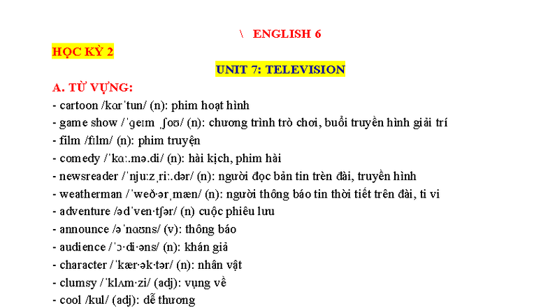 ENGLISH 6 - UNIT 7: TELEVISION VOCABULARY & GRAMMAR EXERCISES - Studocu