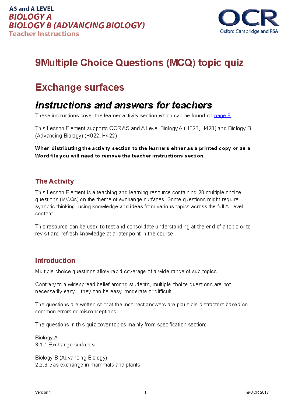 380223 Exchange Surfaces MCQ Lesson for AS/A Level Biology - Studocu