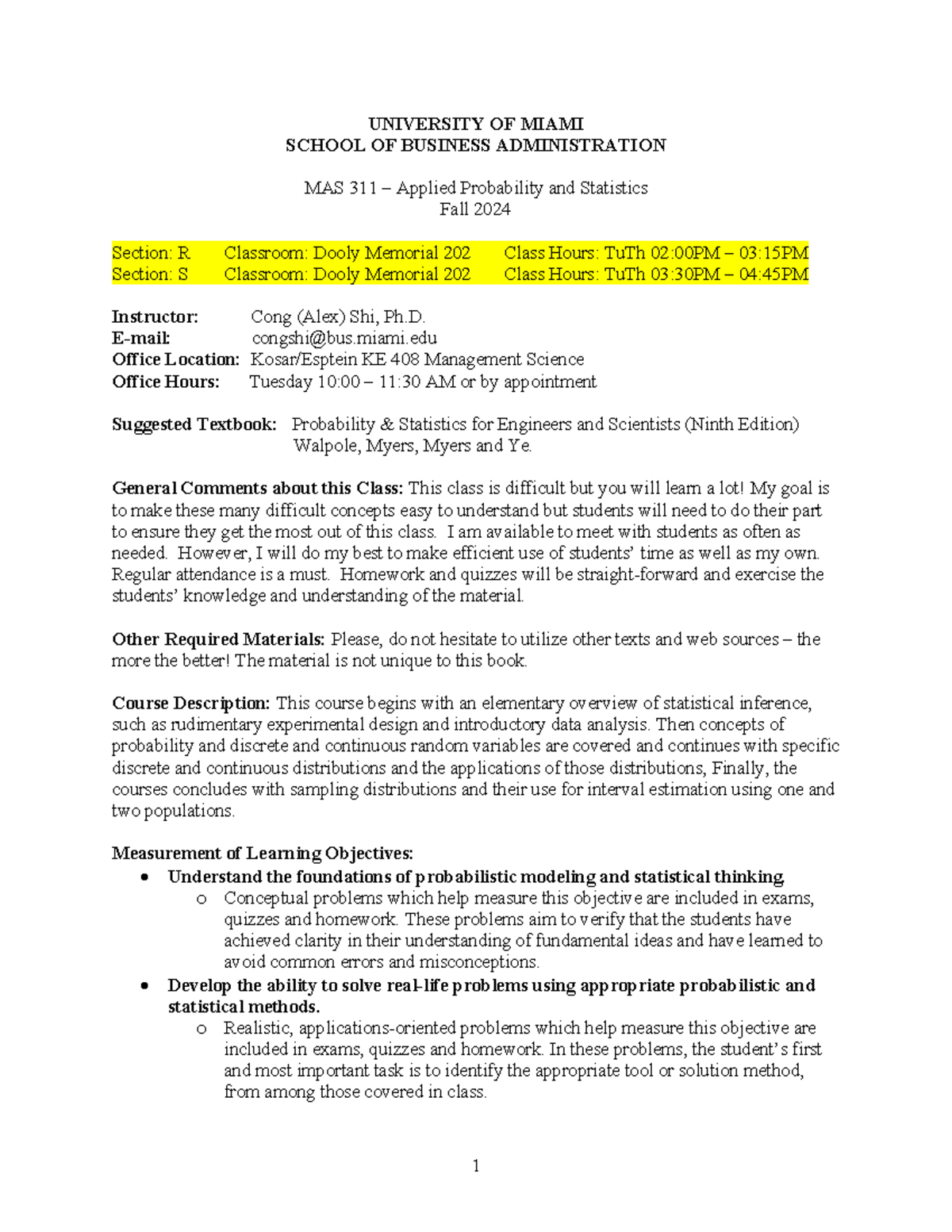 MAS 311 - Applied Probability & Statistics Syllabus (Fall 2024) - Studocu
