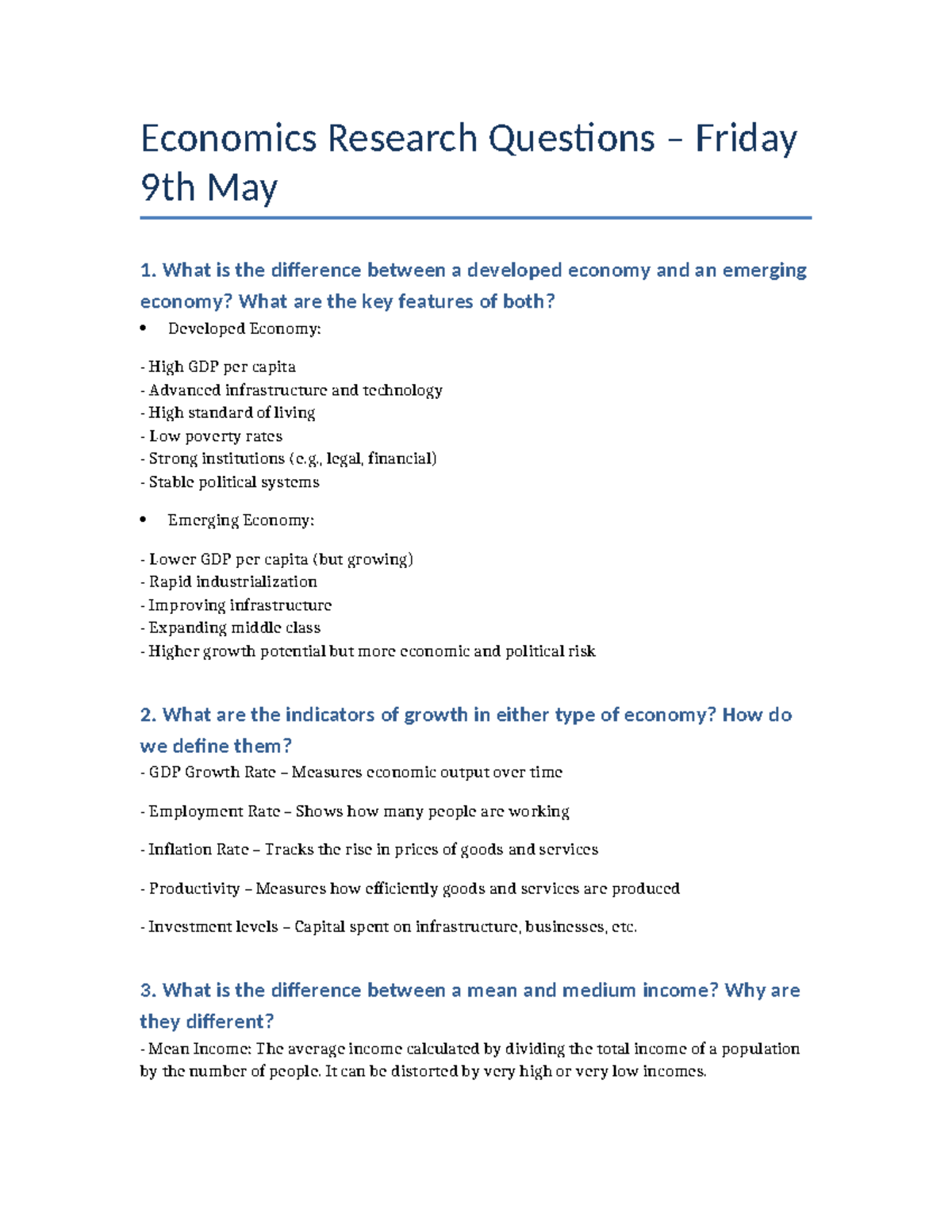 Economics Research Questions: Developed vs. Emerging Economies - Studocu