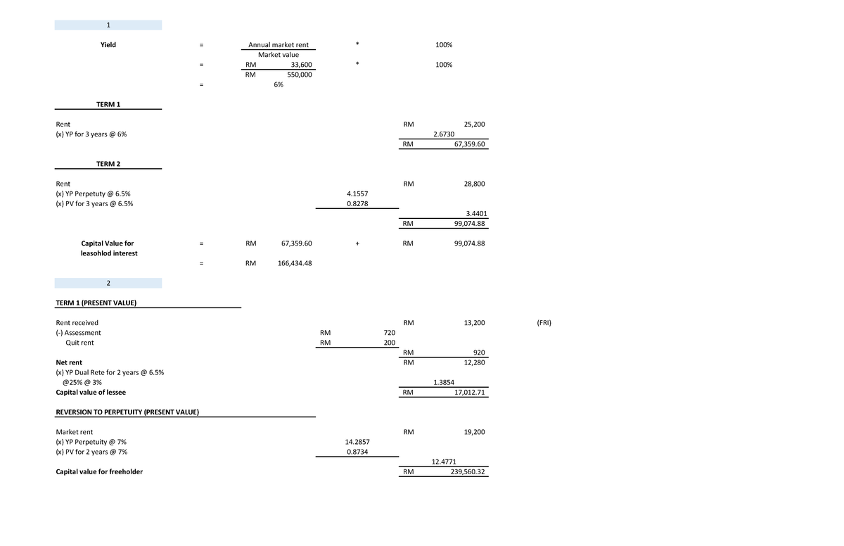 Valuation Exercise - 1 Yield = Annual market rent * 100% Market value ...
