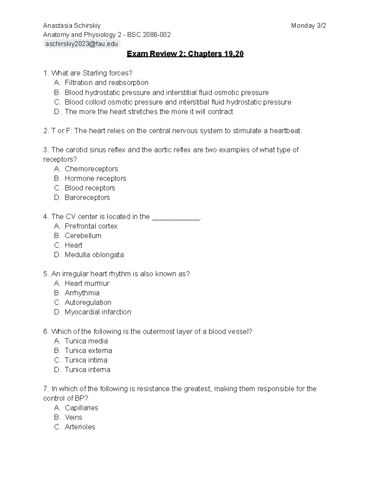 A&P 2 BSC Monday Exam Review 2: Key Concepts from Chapters 19-20 - Studocu