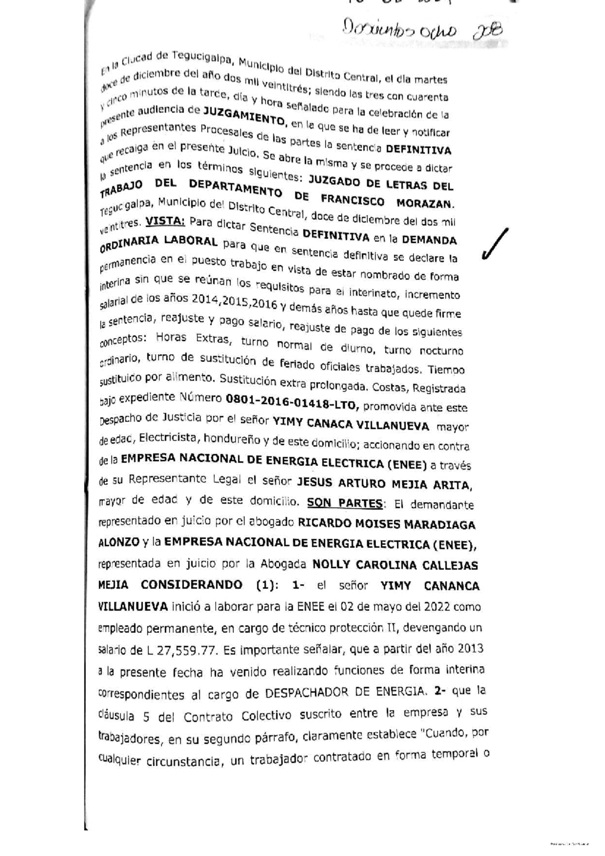 Sentencia Definitiva del Exp. 1418-16 J4 (ENEE) sobre Permanencia ...