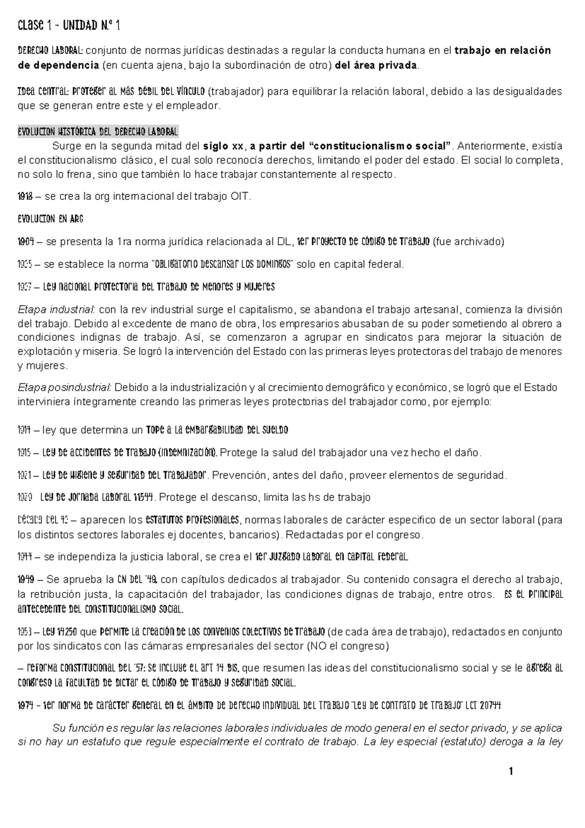Derecho Laboral: Evolución y Principios Fundamentales - Clase 1 UNIDAD ...
