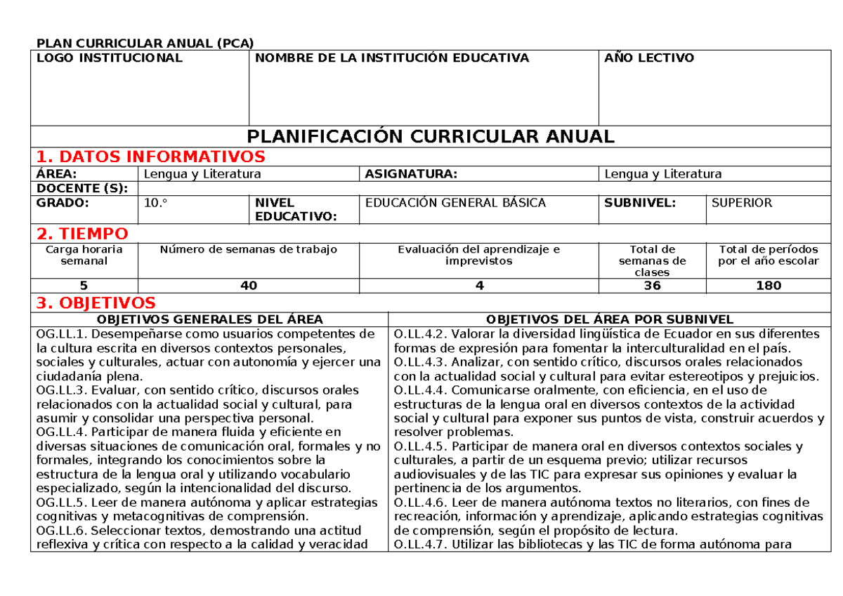PCA LL10 - Planificación Curricular Anual de Lengua y Literatura - Studocu