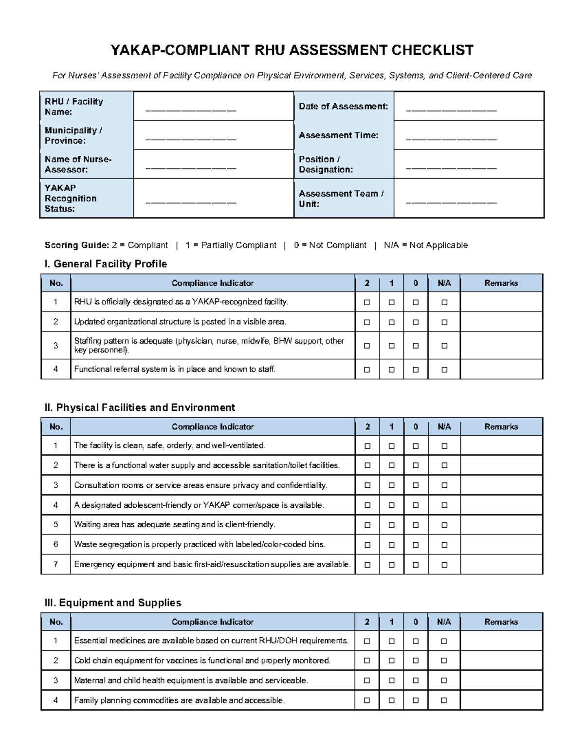 YAKAP RHU Assessment Checklist: Facility Compliance Evaluation - Studocu
