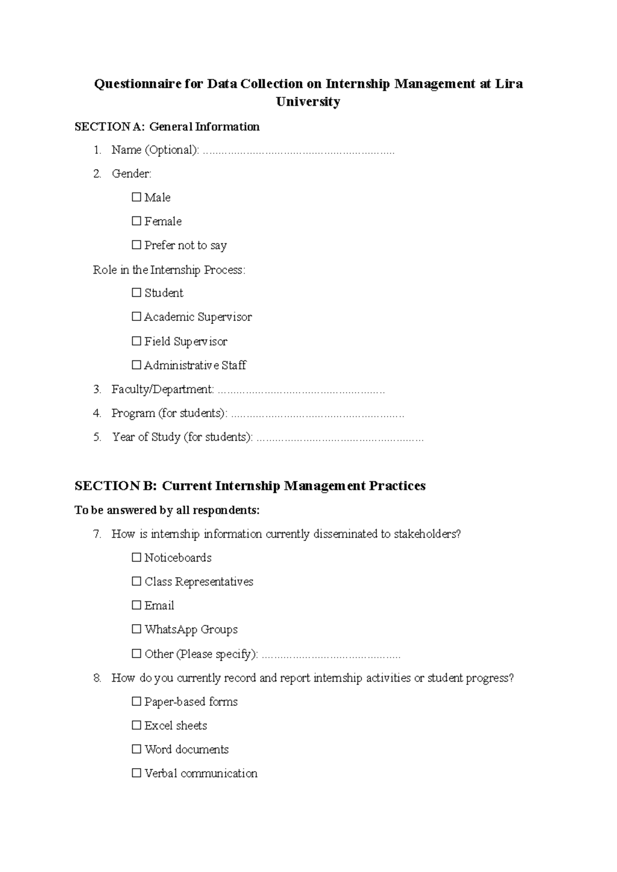 Questionnaire for Internship Management at Lira University - Studocu