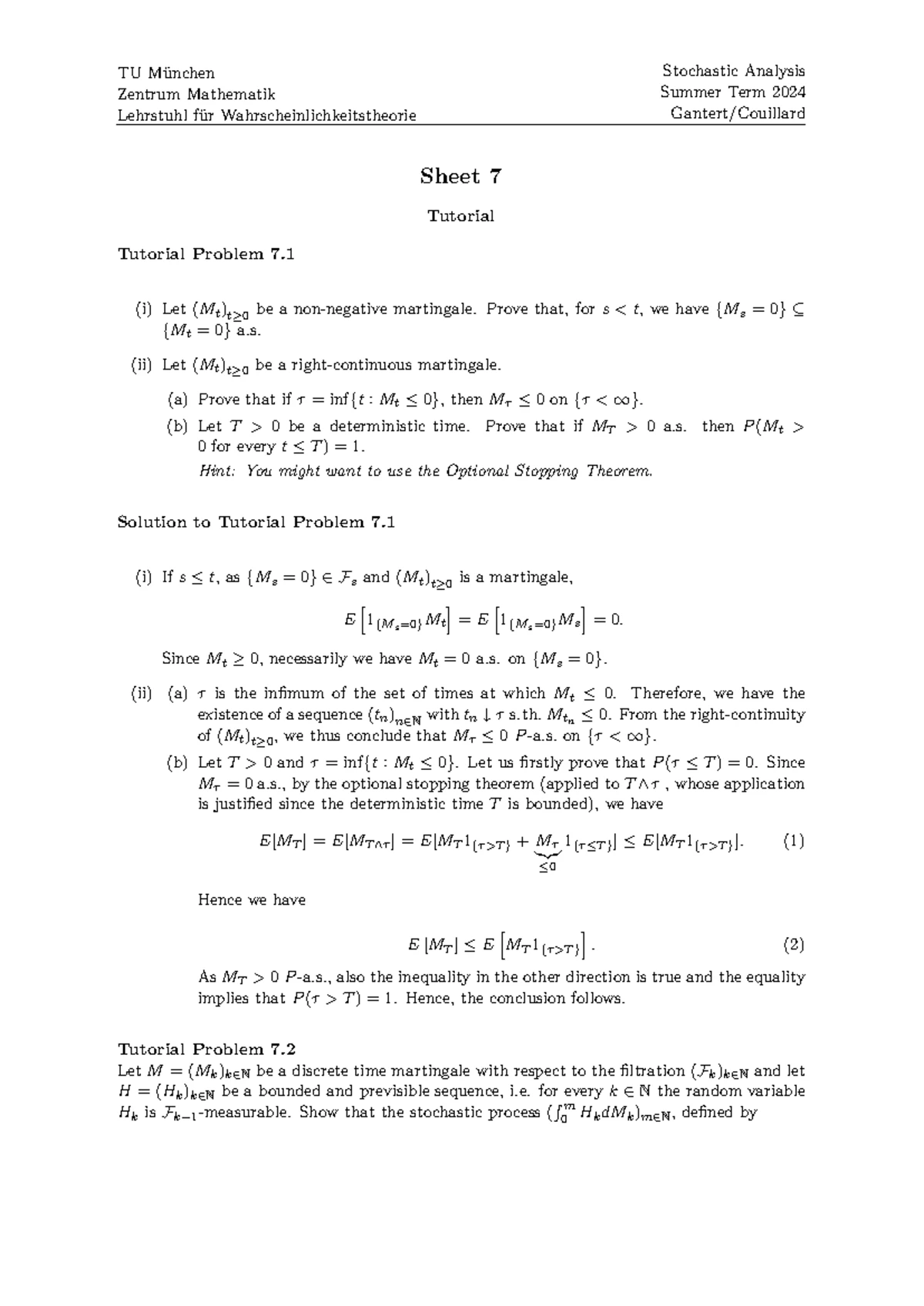 Stochastic Analysis (TU) Summer 2024: Sheet 2 Solutions on Brownian ...