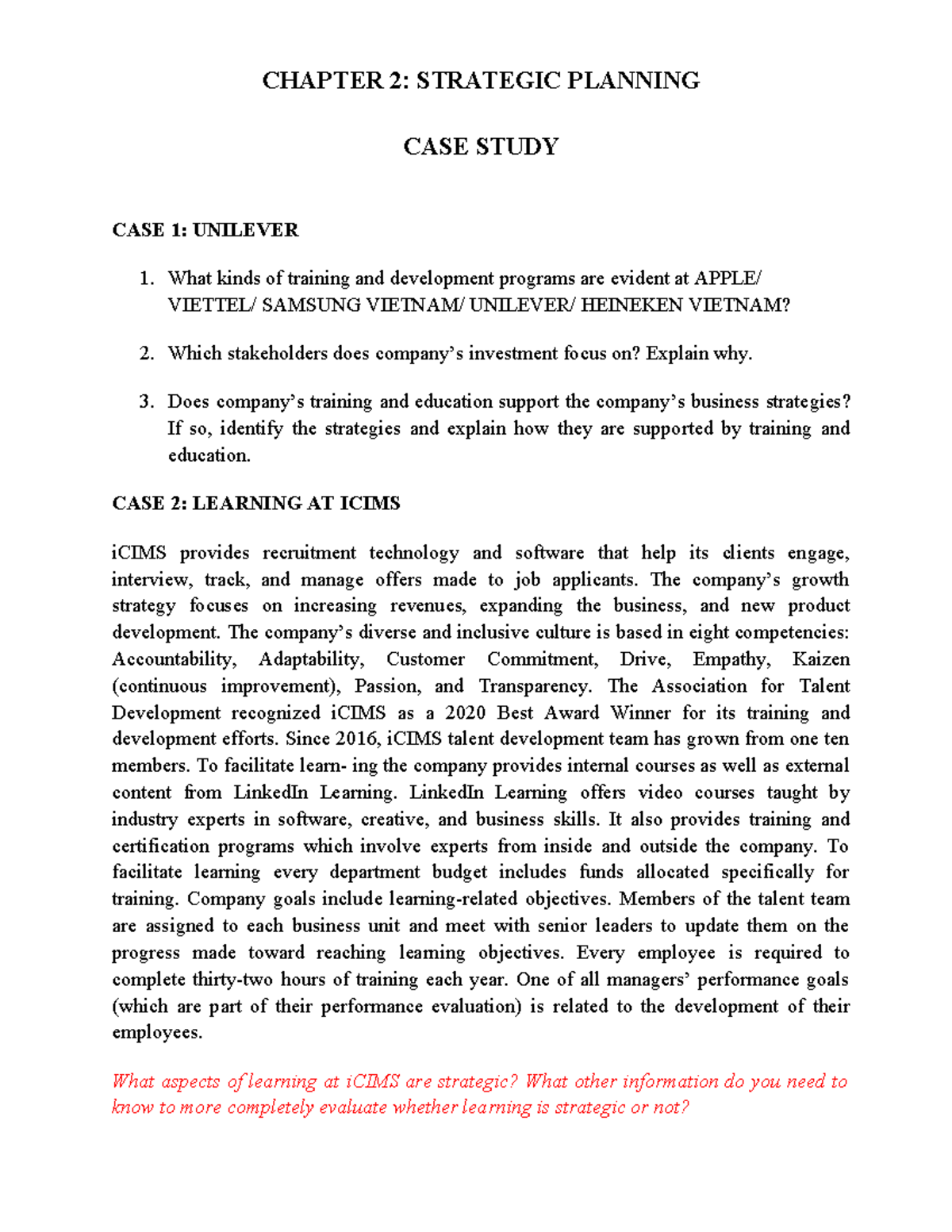 CHAPTER 2: STRATEGIC PLANNING CASE STUDY - UNILEVER & iCIMS - Studocu