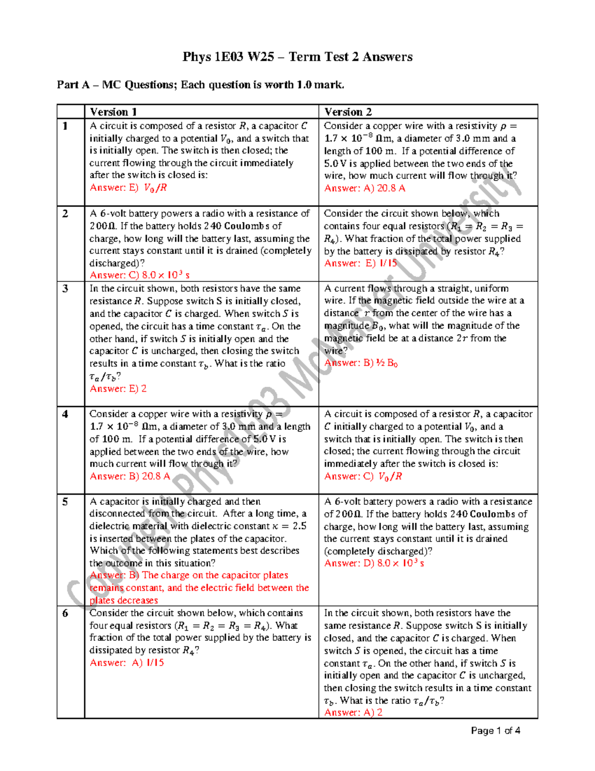 Physics 1E03 W25 Term Test 2 Solutions: Multiple Choice Answers - Studocu