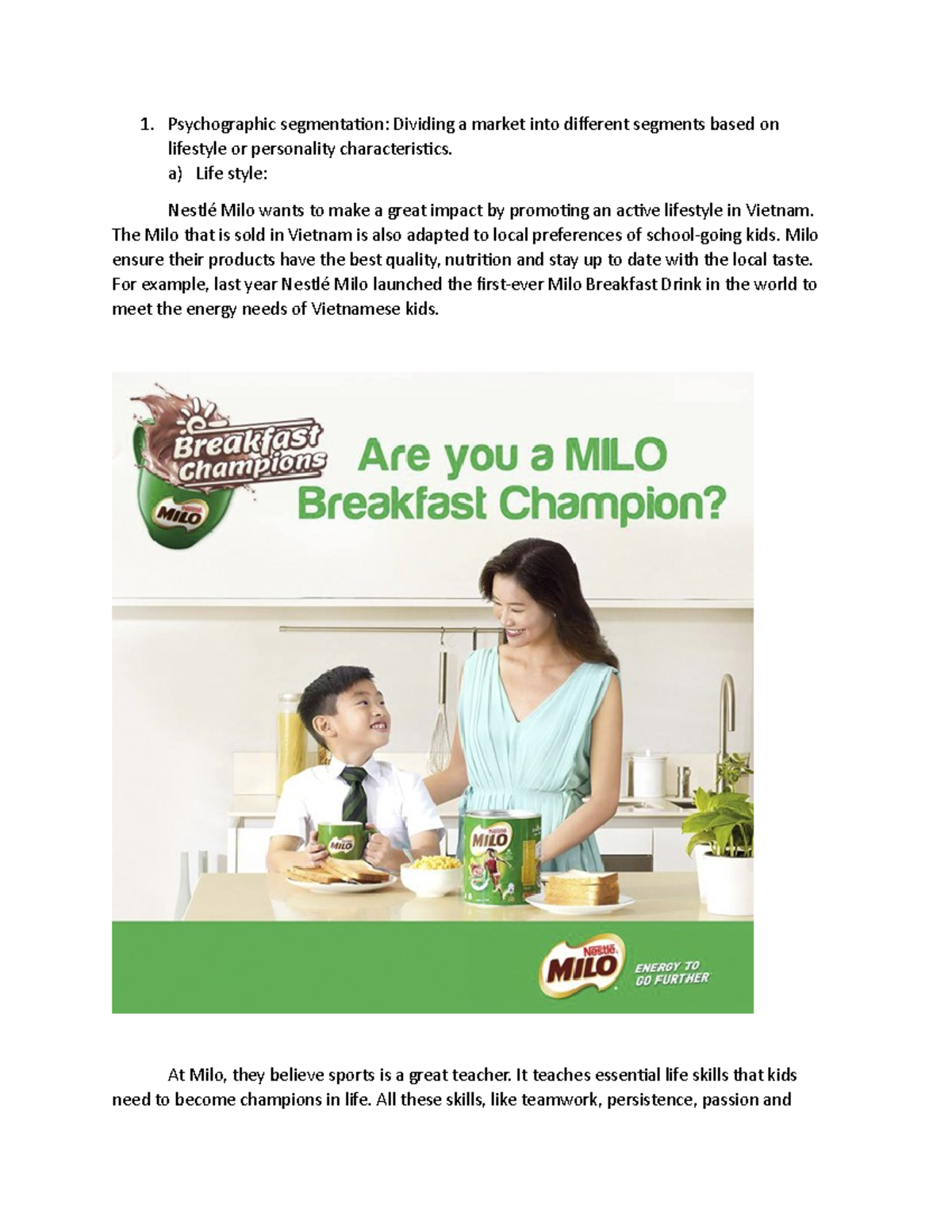 Psychographic & Behavioral Segmentation of Nestlé Milo in Vietnam - Studocu