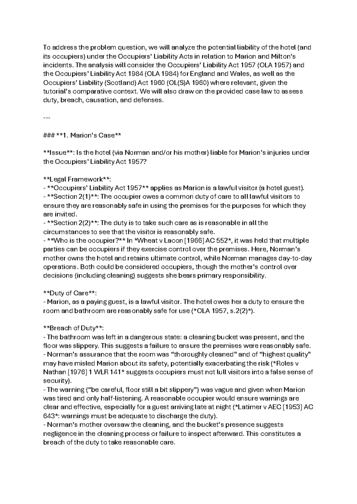 Liability analysis under OLA 1957 and OLA 1984 for hotel incidents ...