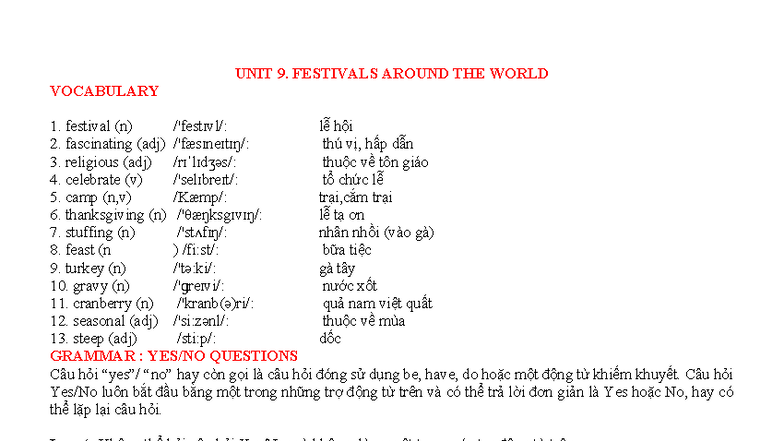 UNIT 9: FESTIVALS AROUND THE WORLD - VOCABULARY & GRAMMAR NOTES - Studocu