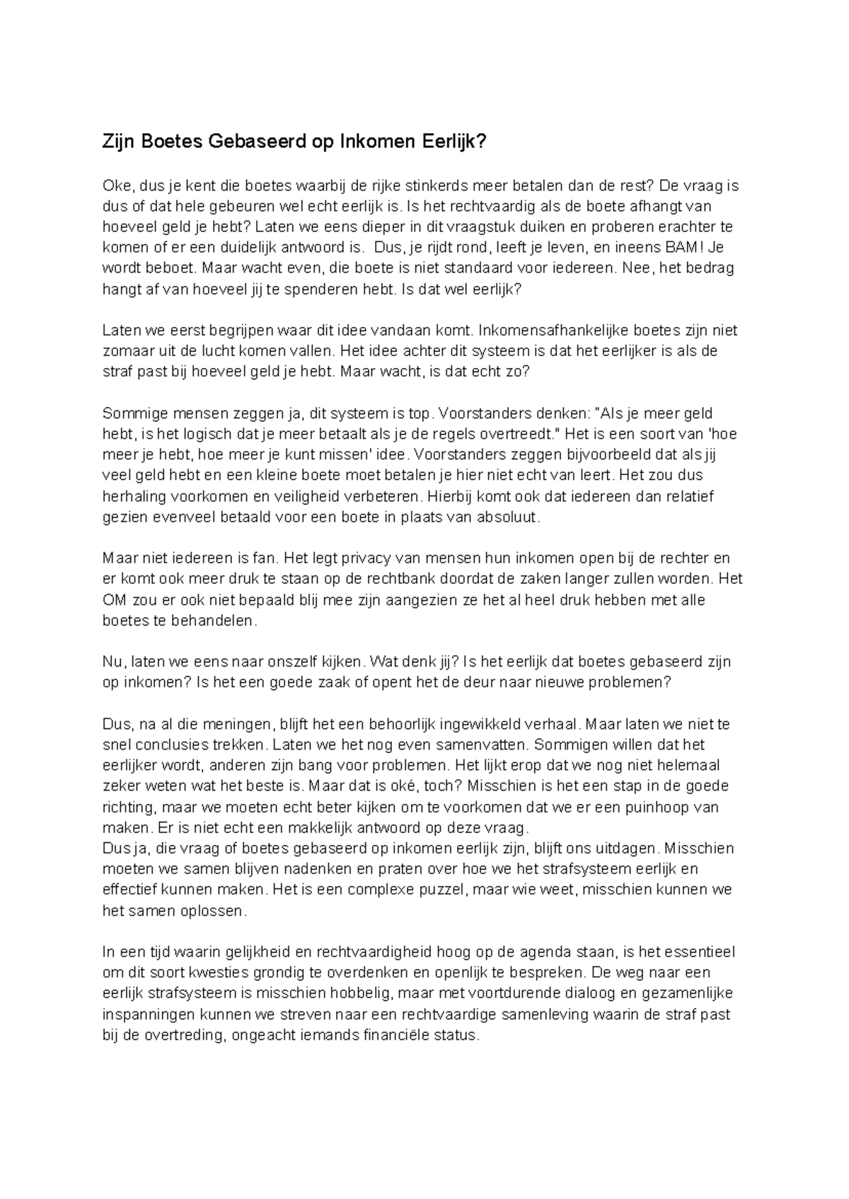 Nederlands Essay: Zijn Inkomensafhankelijke Boetes Eerlijk? - Studeersnel