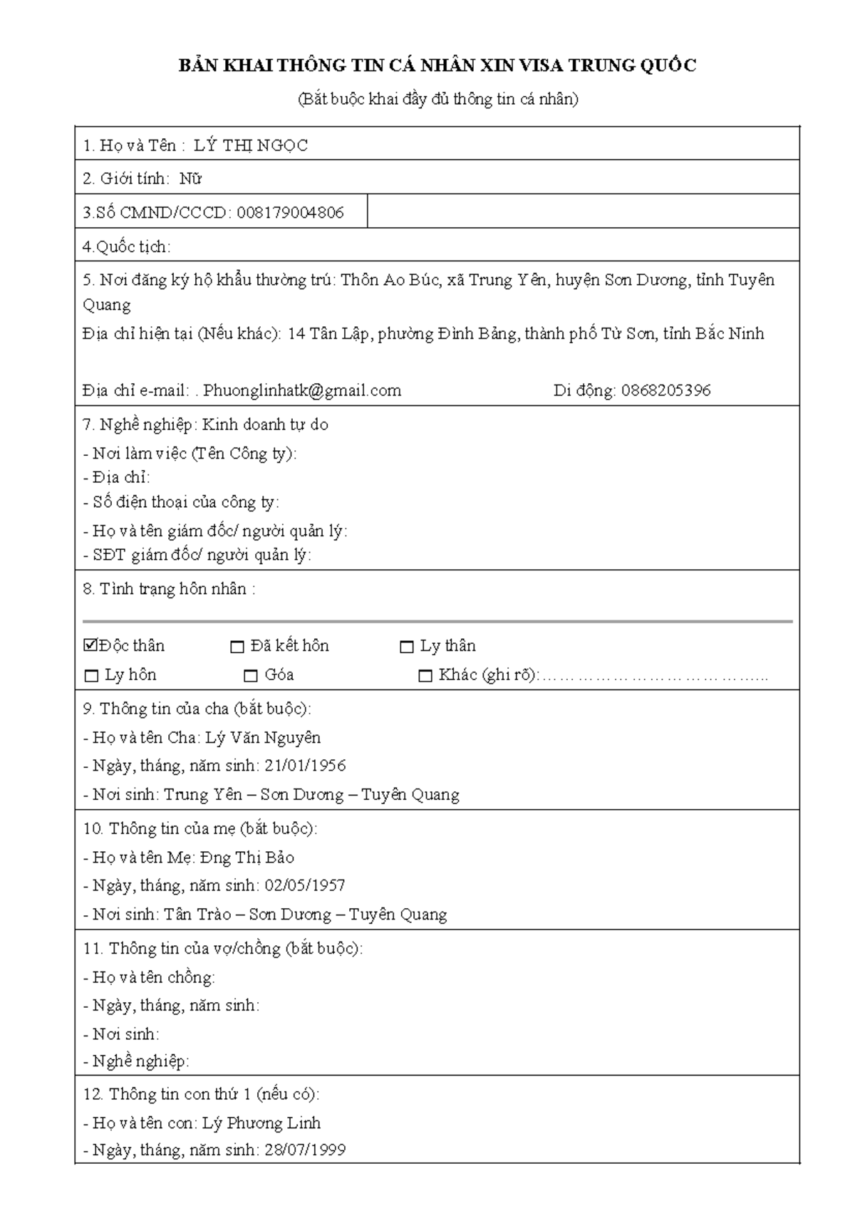Thông TIN XIN VISA Trung QUỐC (NEW) - BẢN KHAI THÔNG TIN CÁ NHÂN XIN ...