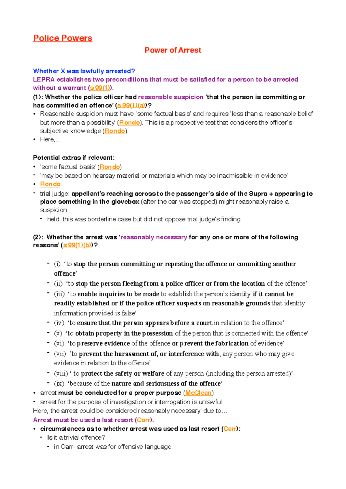 LLB1130 Crime Notes: Police Powers of Arrest and Search Legality - Studocu