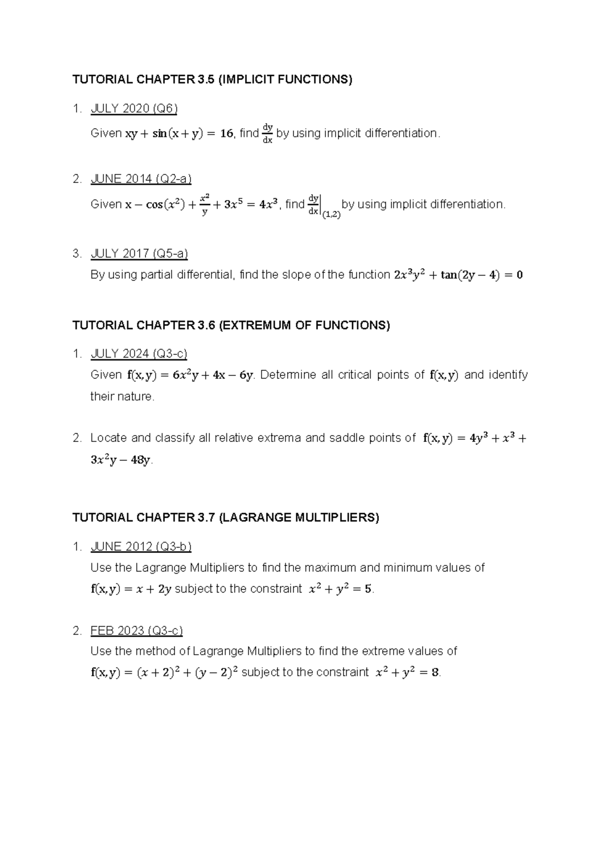 Tutorial MAT435: Implicit Functions, Extrema, & Lagrange Multipliers ...
