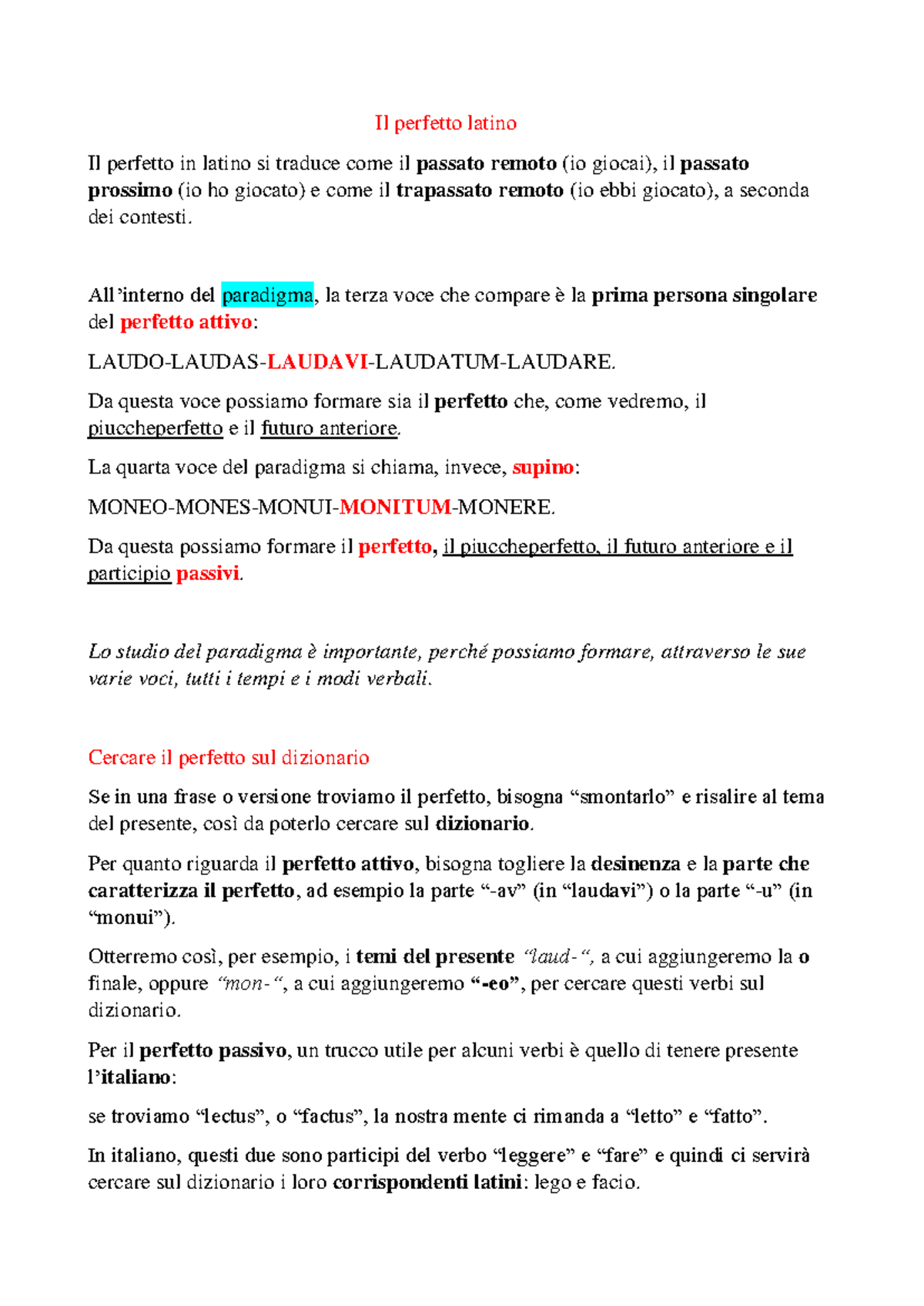 Il perfetto in latino: Studio e coniugazione del perfetto attivo e passivo  - Studocu