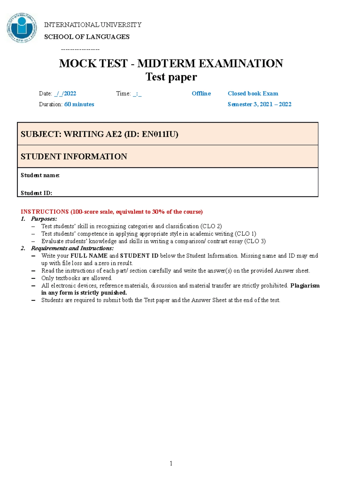 Sample AE2 Writing - Sample midterm test - INTERNATIONAL UNIVERSITY ...