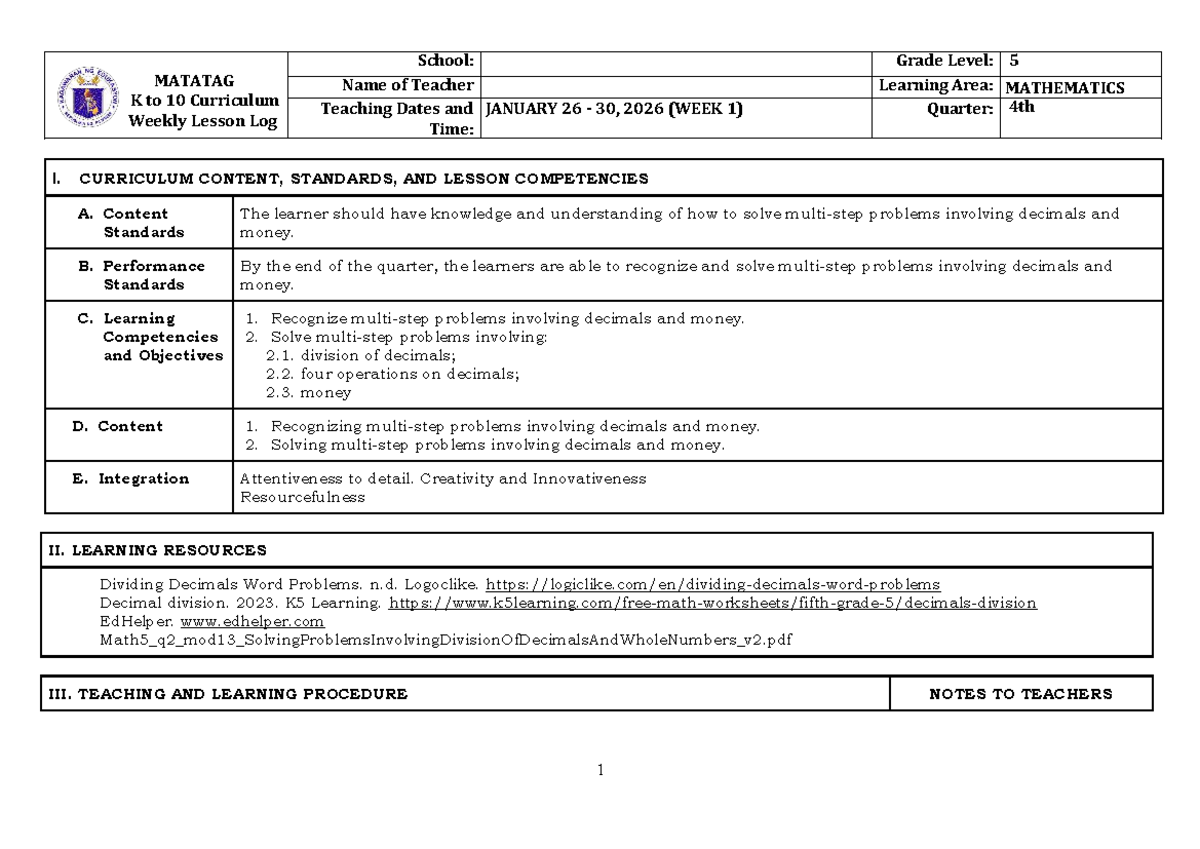 MATH DLL 5 Q4 WEEK 1 LESSON LOG: DECIMALS & MONEY - Studocu