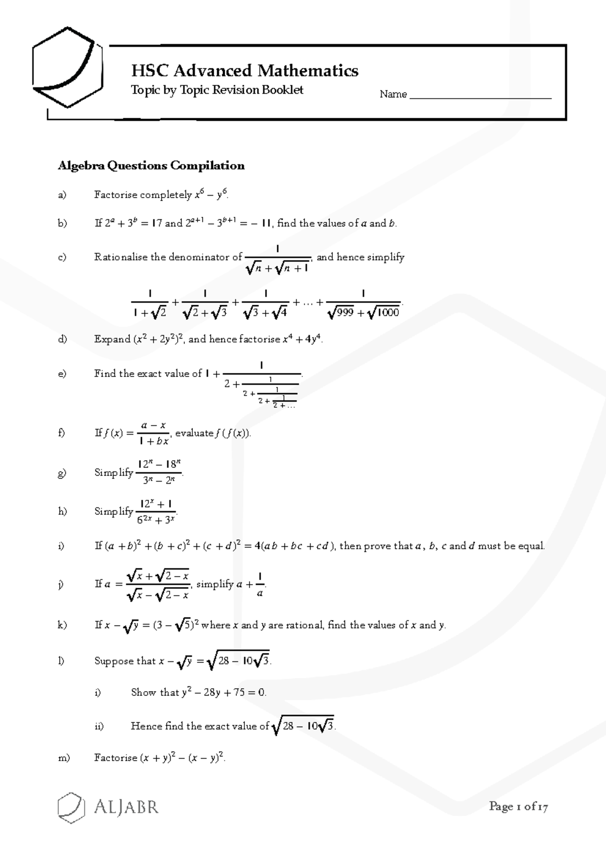 HSC Advanced Mathematics Prelim Harder Questions Compilation - Studocu