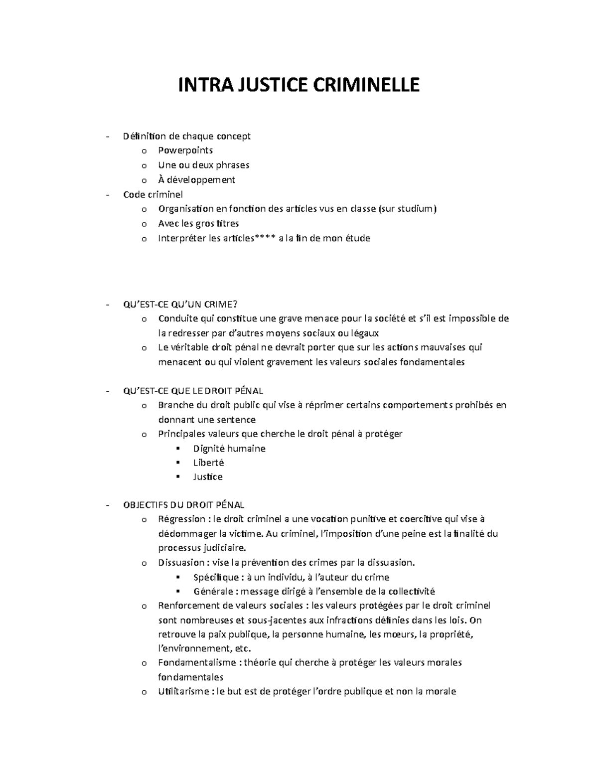 Notes de Cours sur le Droit Pénal et la Justice Criminelle (CRIM 101 ...