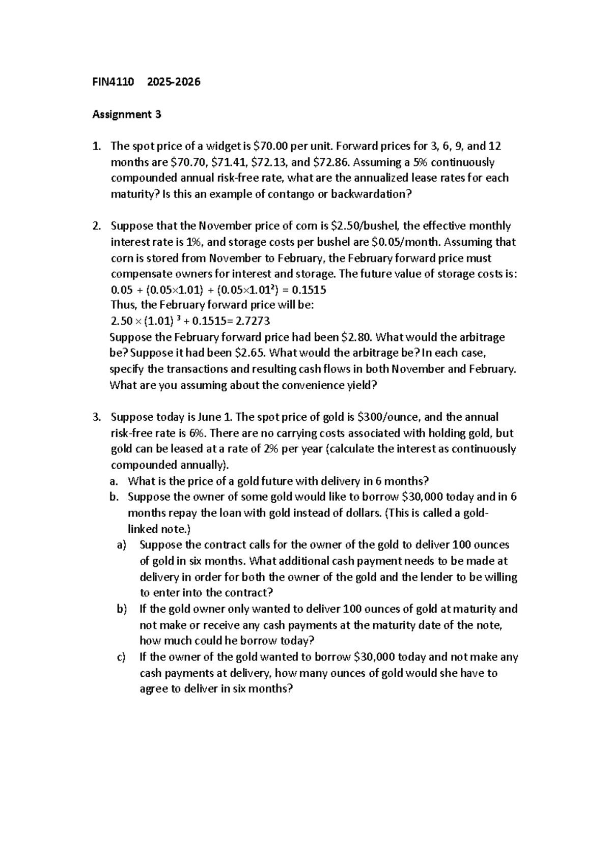 FIN4110 Assignment 3: Forward Prices & Gold Futures Analysis - Studocu
