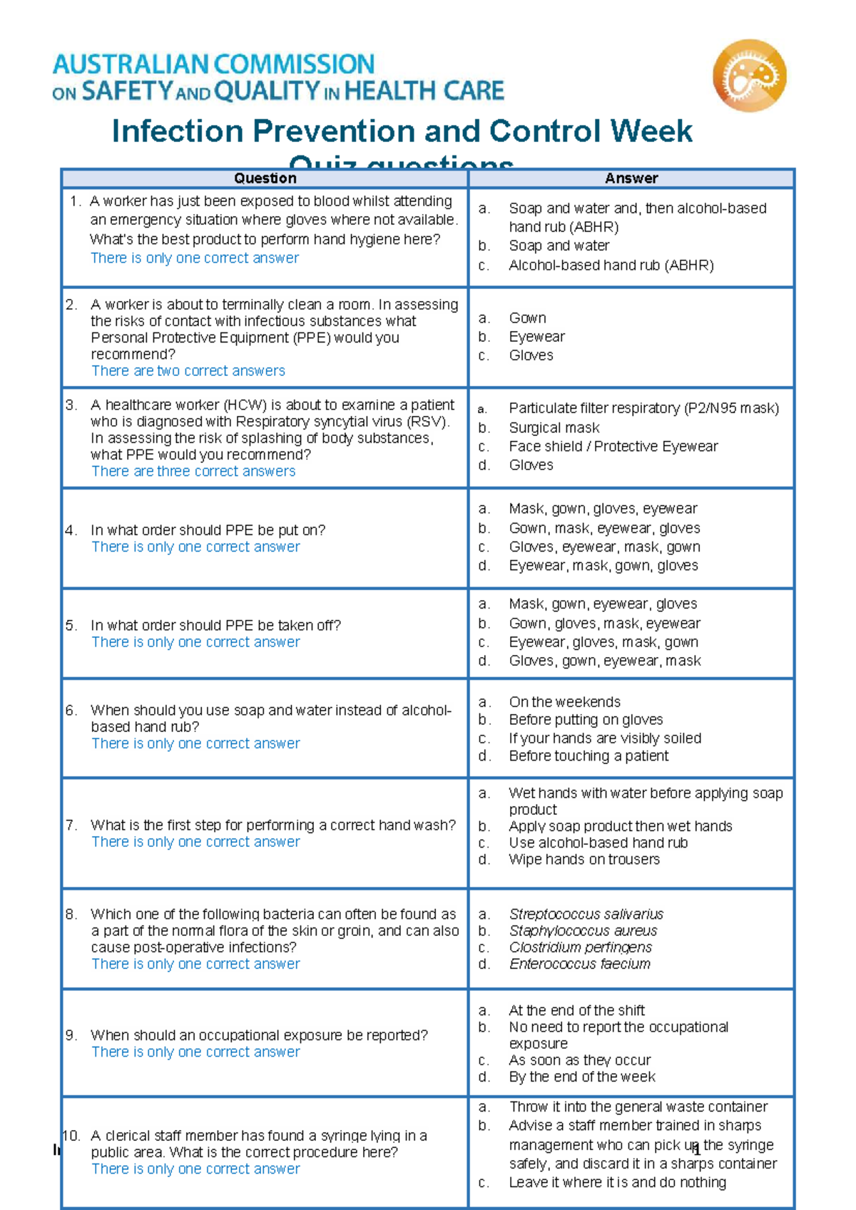 IPC Week Quiz Questions and Answers for Infection Control - Studocu