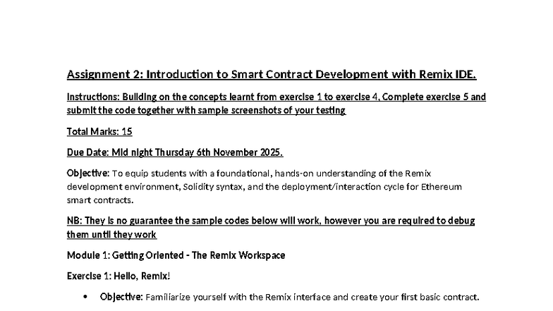 Assignment 2: Smart Contract Development with Remix IDE - Studocu