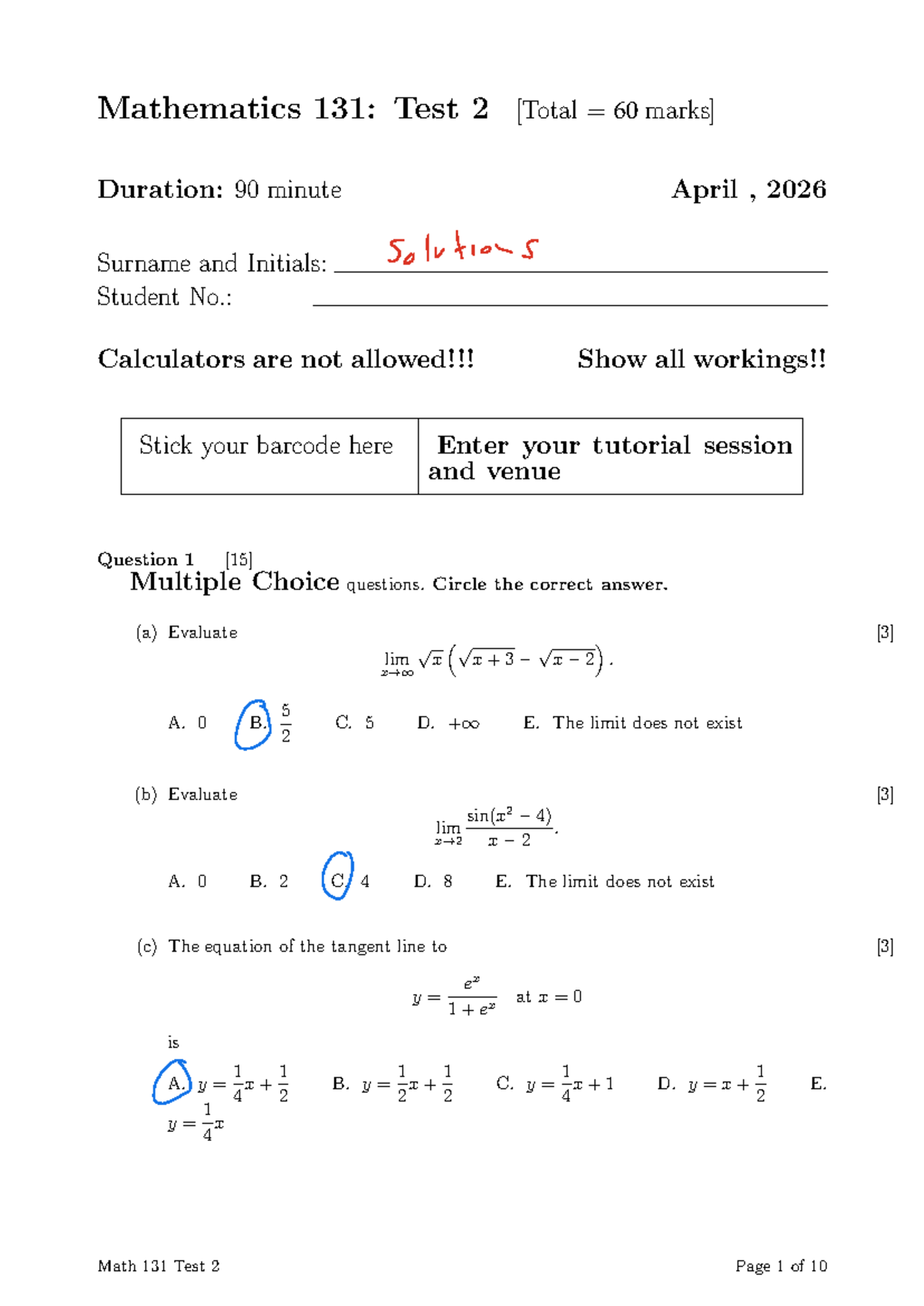 MATH 131: Test 2 Solutions - April 2026 - Studocu