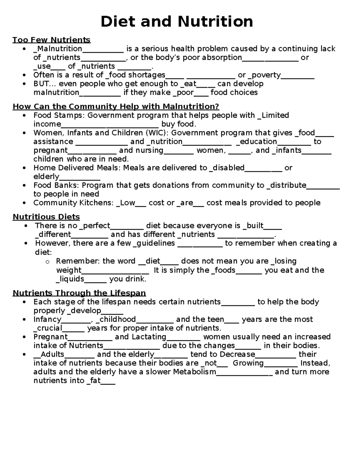 Diet and Nutrition - Note Sheet 2 - Diet and Nutrition Too Few ...