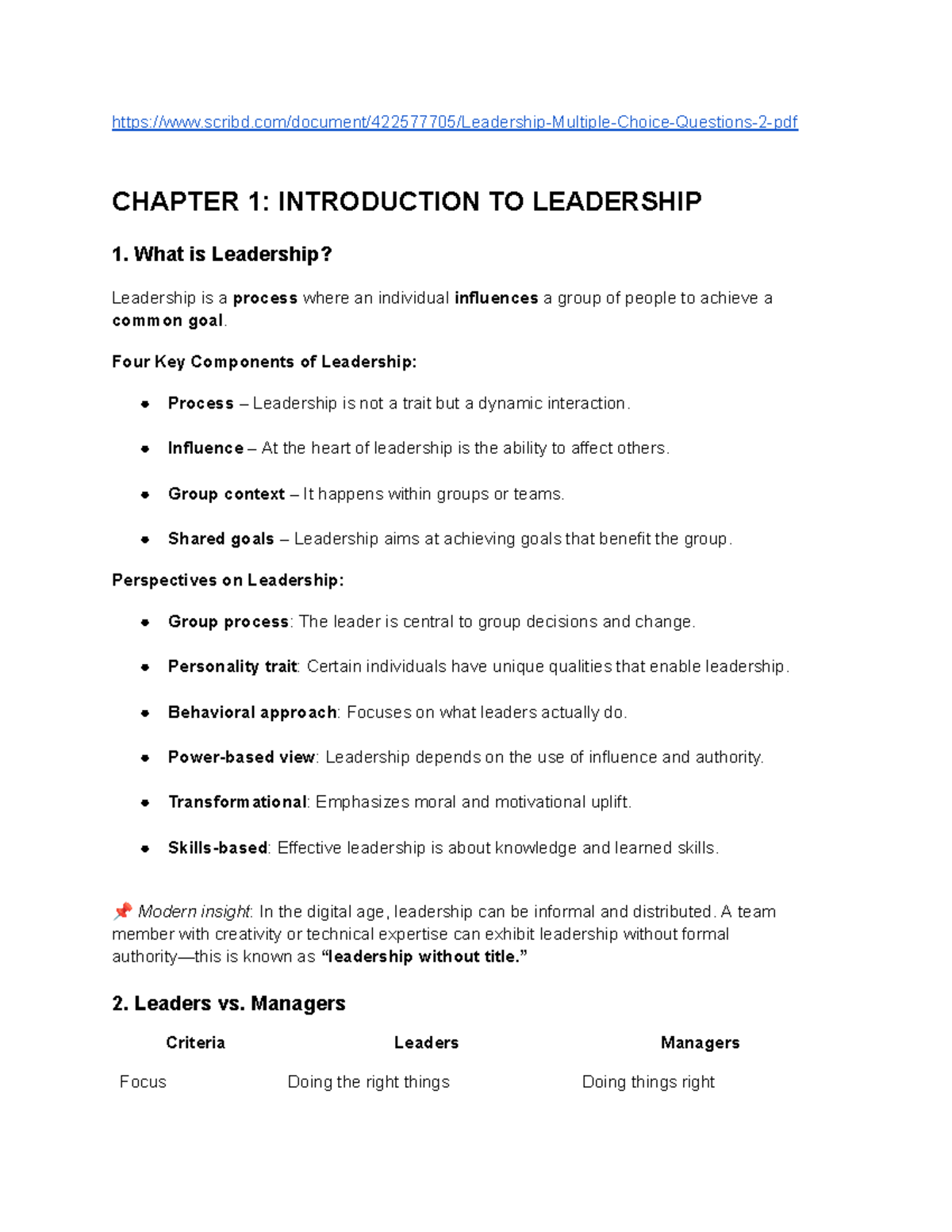 CHAPTER 1: INTRODUCTION TO LEADERSHIP - Key Concepts and Approaches ...