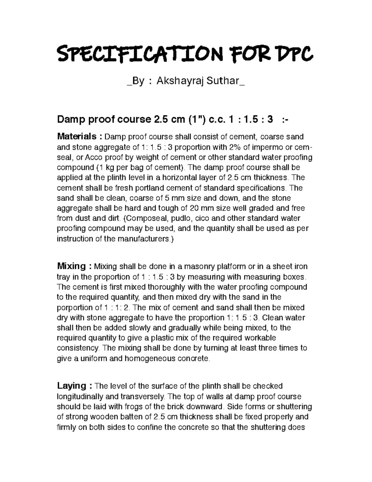 Specification for DPC: Damp Proof Course 2.5 cm Mix Details - Studocu