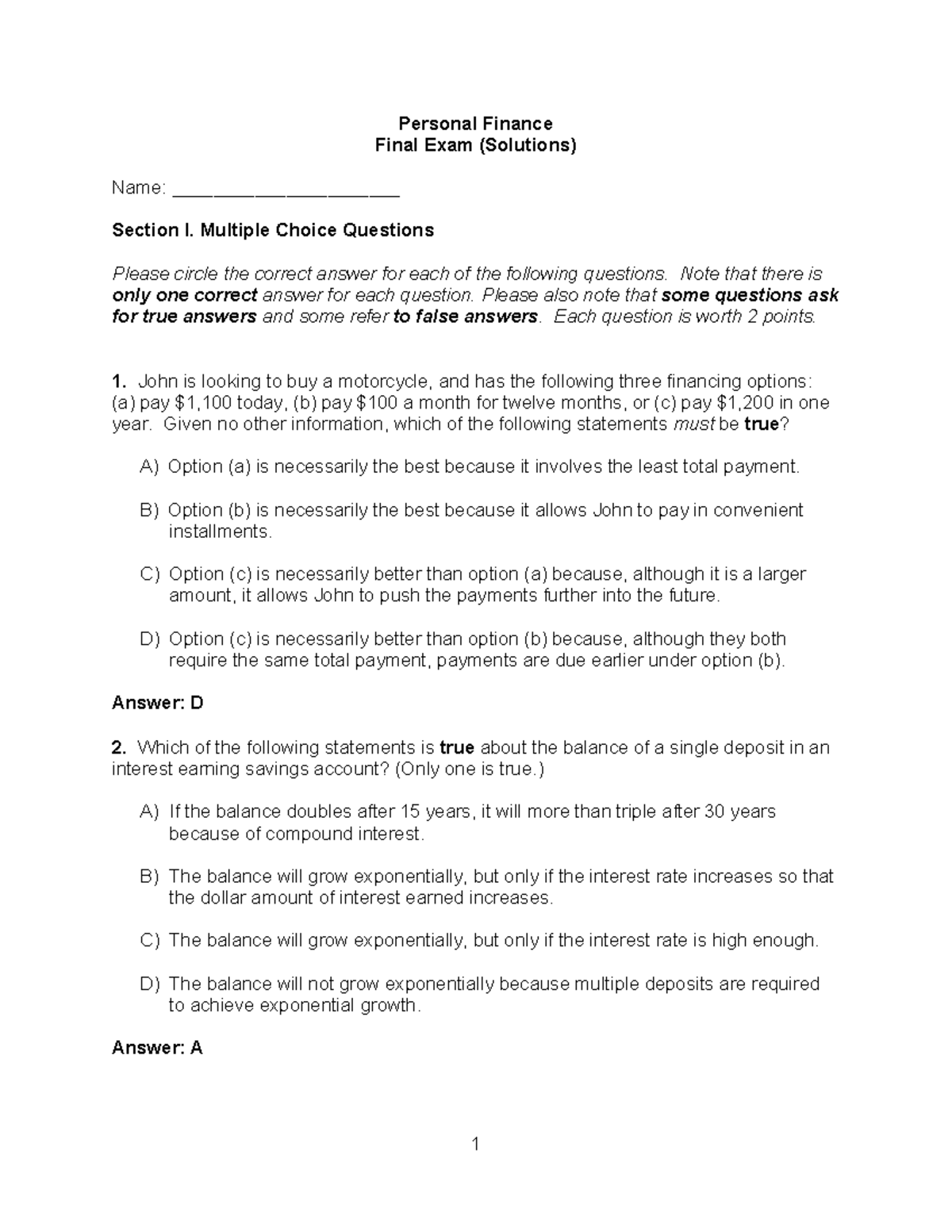 Final Exam Solutions for Personal Finance (Course Code: PF101) - Studocu