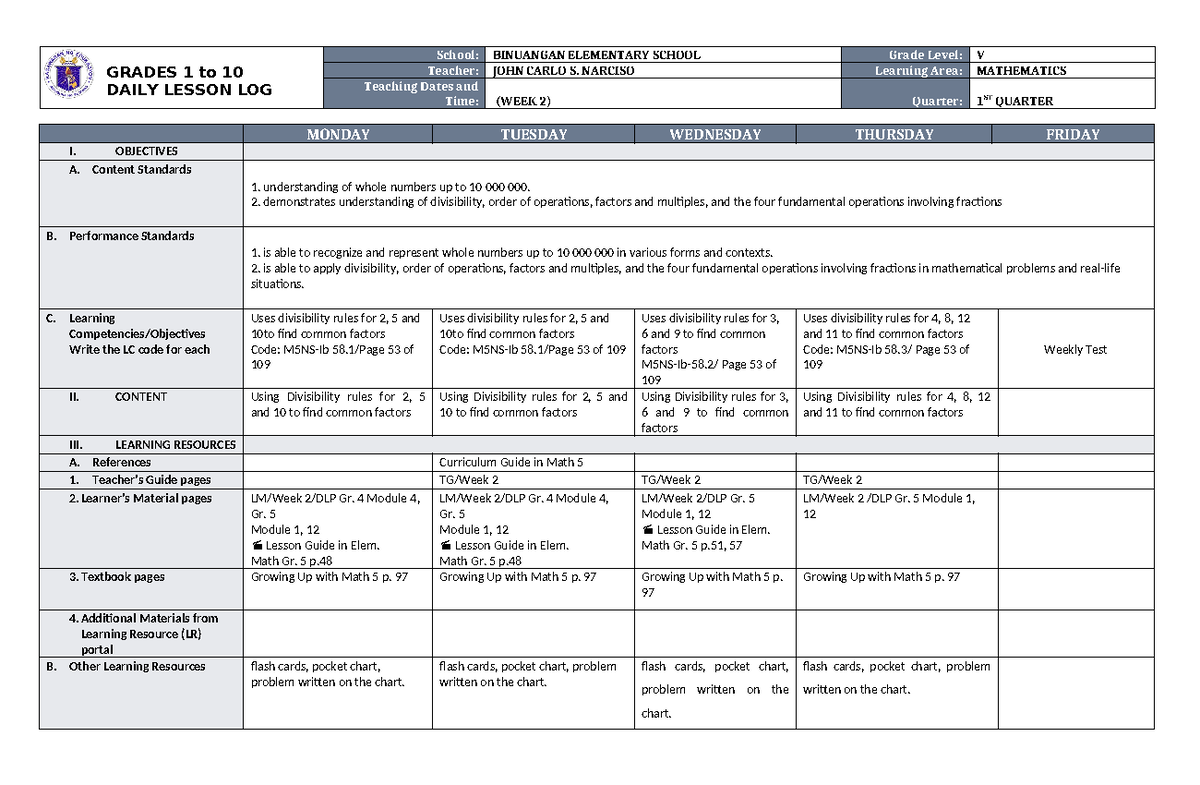 DLL Mathematics 5 Q1 W2 - DLL EPP 6 Q1 W3 - GRADES 1 to 10 DAILY LESSON ...