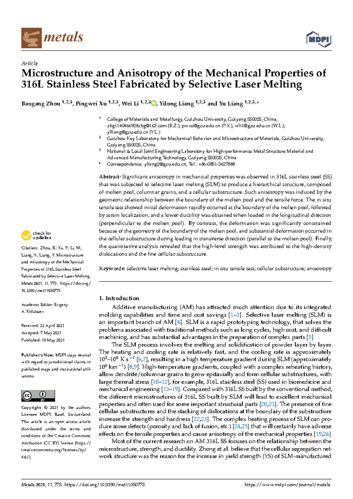 Microstructure and Mechanical Properties of 316L SS via SLM - Metals-11 ...