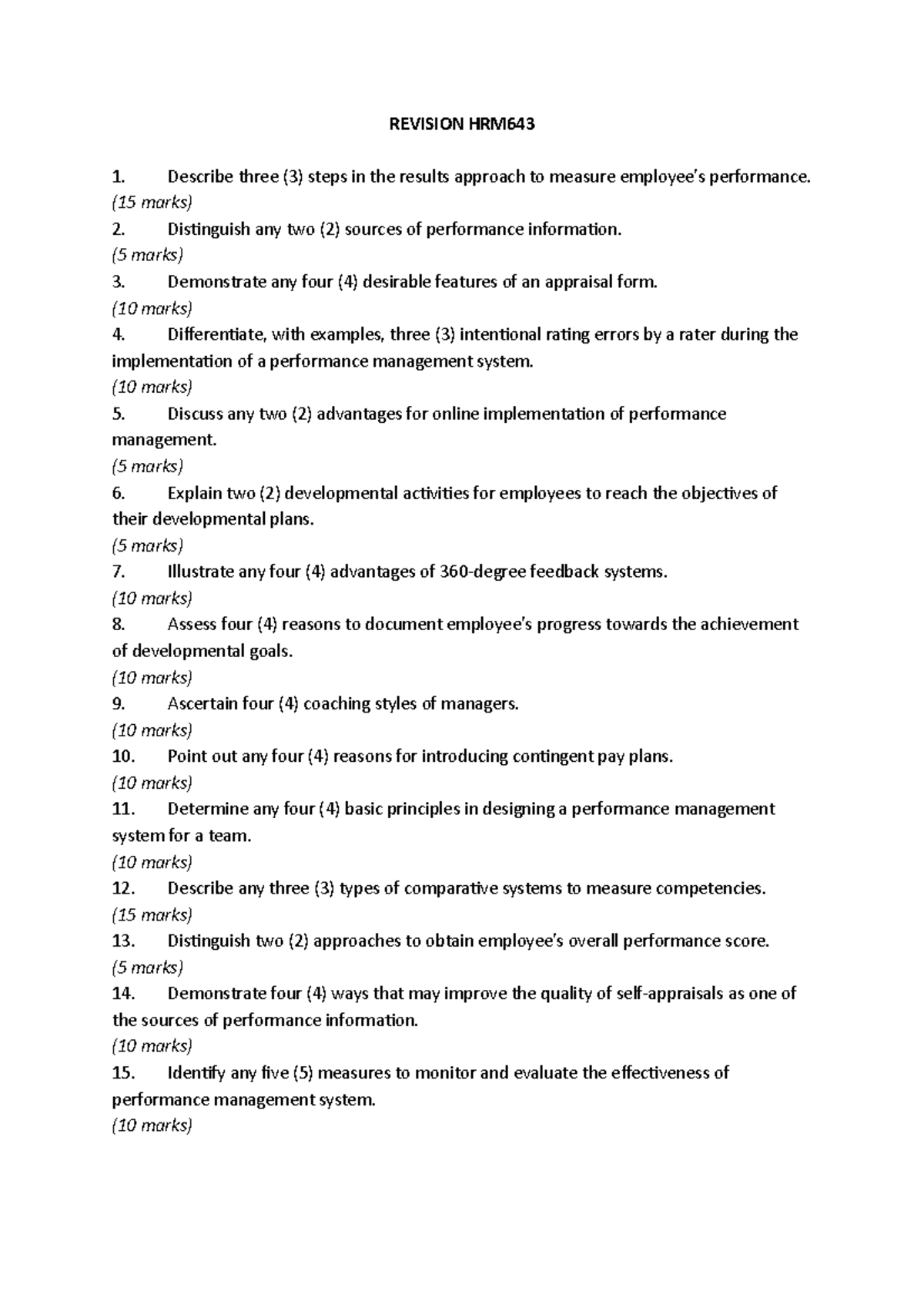 HRM643 Final Revision Questions on Performance Management - Studocu