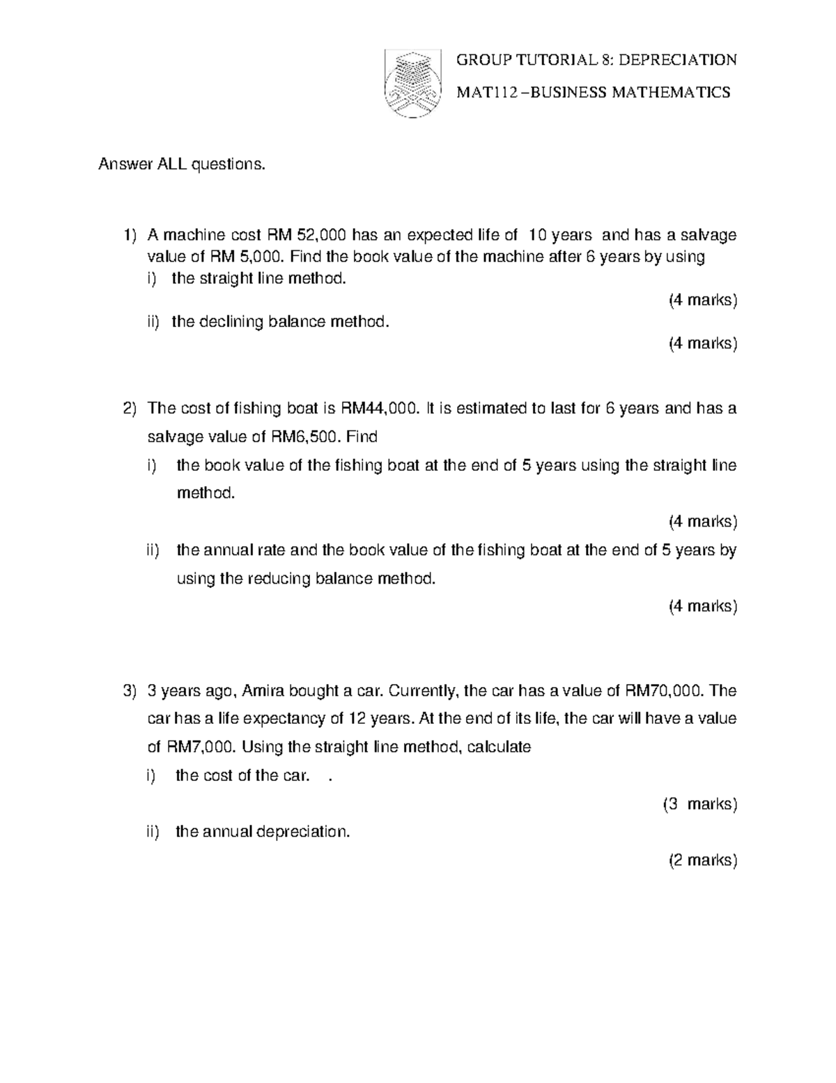 Group Tutorial 8: Depreciation MAT112 Mathematics - Studocu