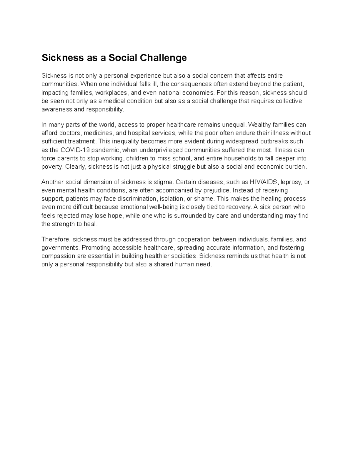 SOC 101: Essay on Sickness as a Social Challenge and Impact - Studocu