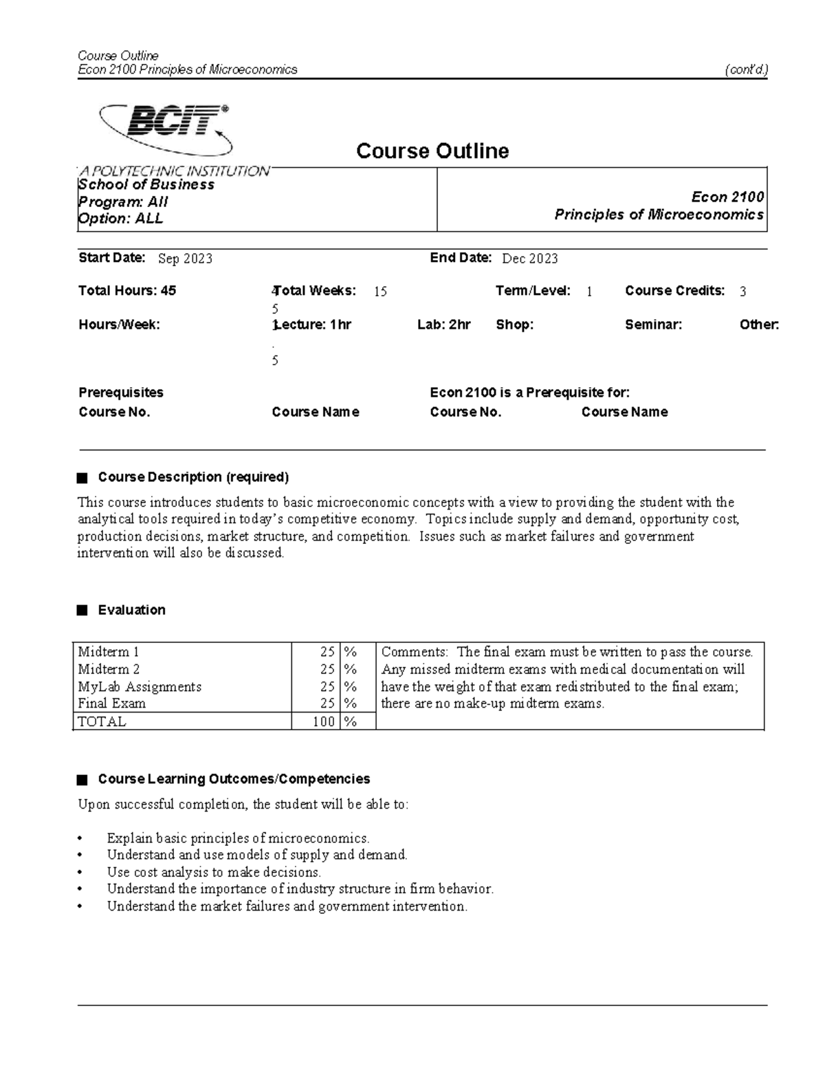 Econ 2100 - 2023 Course Outline: Principles of Microeconomics - Studocu