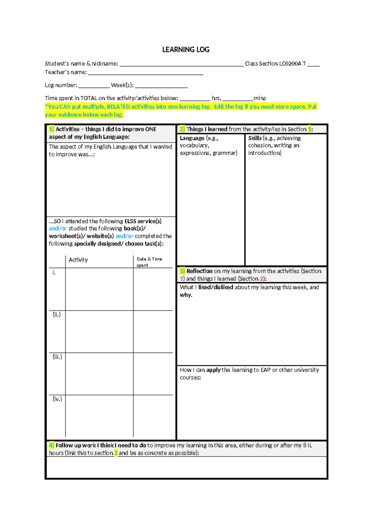 Independent Learning Log: English Language Improvement LC0200A - Studocu