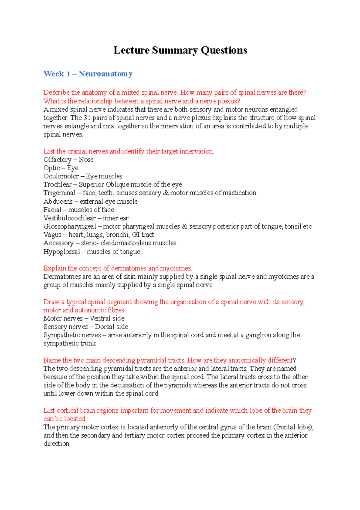 Anatomy Questionss - Lecture notes 1 - Lecture Summary Questions Week 1 ...