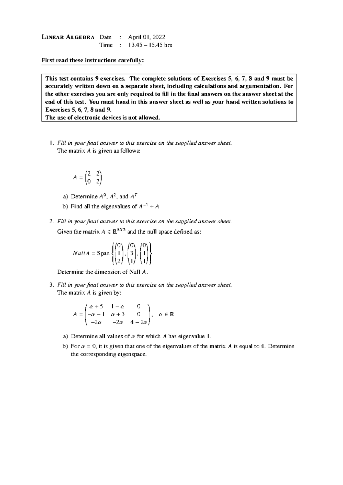 Linear Algebra Test 1 - Sample Questions & Solutions (2024) - Studeersnel