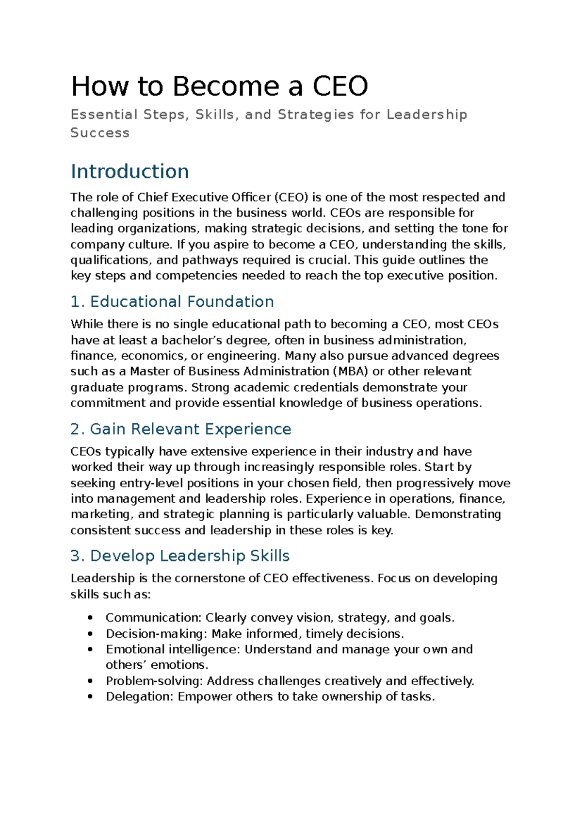 How to Become a CEO: Essential Steps & Skills for BTDCS Success - Studocu