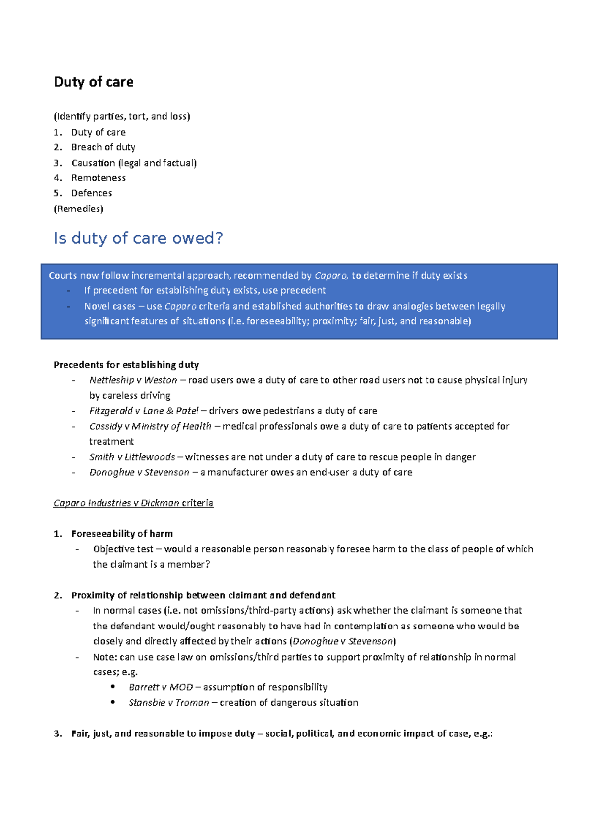 1 Duty of care - PGDL - tort law - duty of care - Duty of care ...