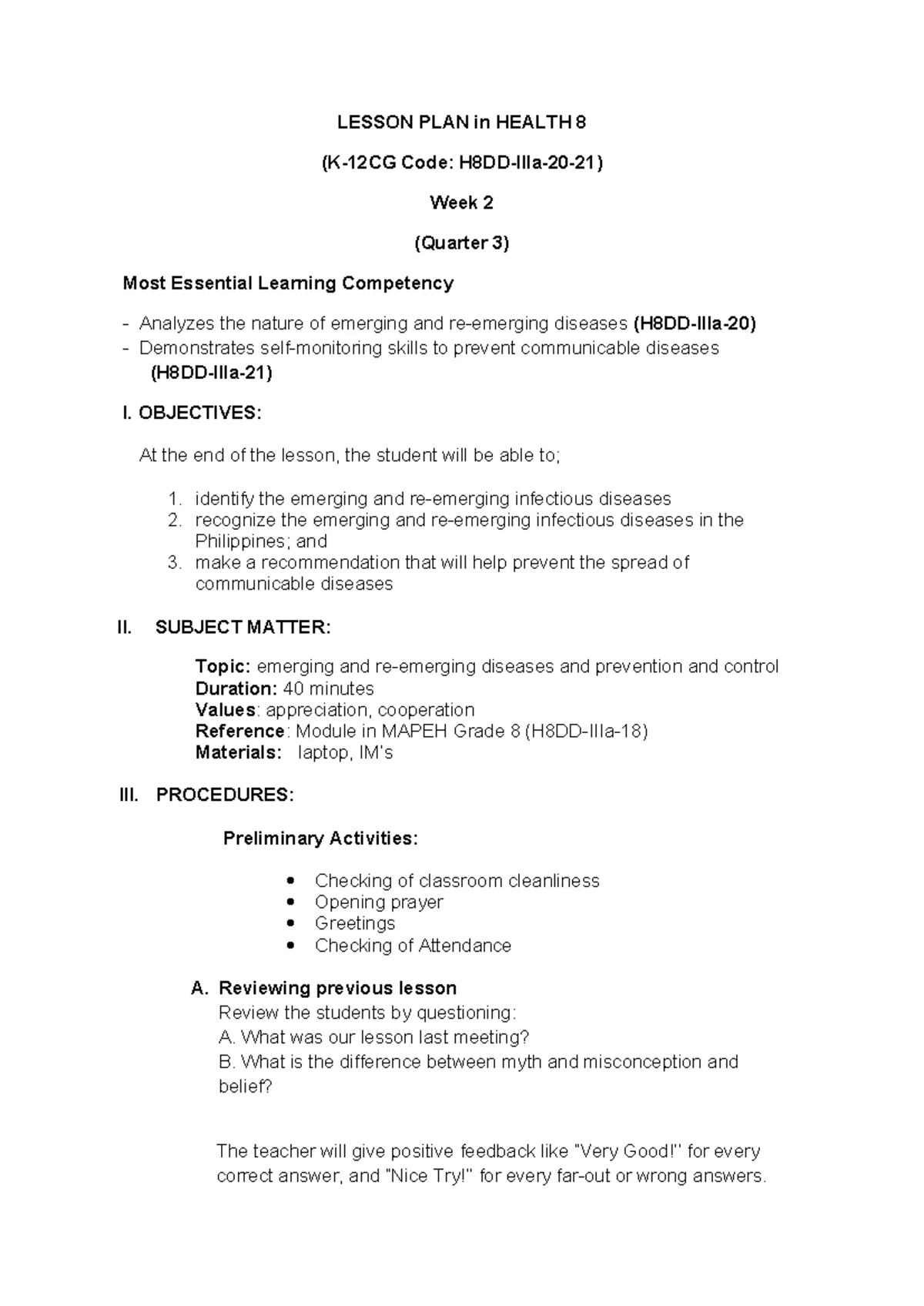 Health 8 Lesson Plan: Understanding Communicable Diseases (Week 1 ...