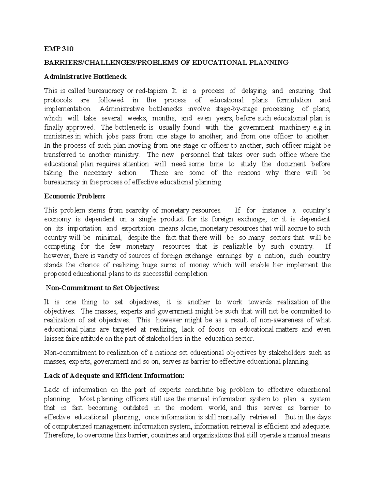 EMP 310 - Barriers and Challenges in Educational Planning - Studocu