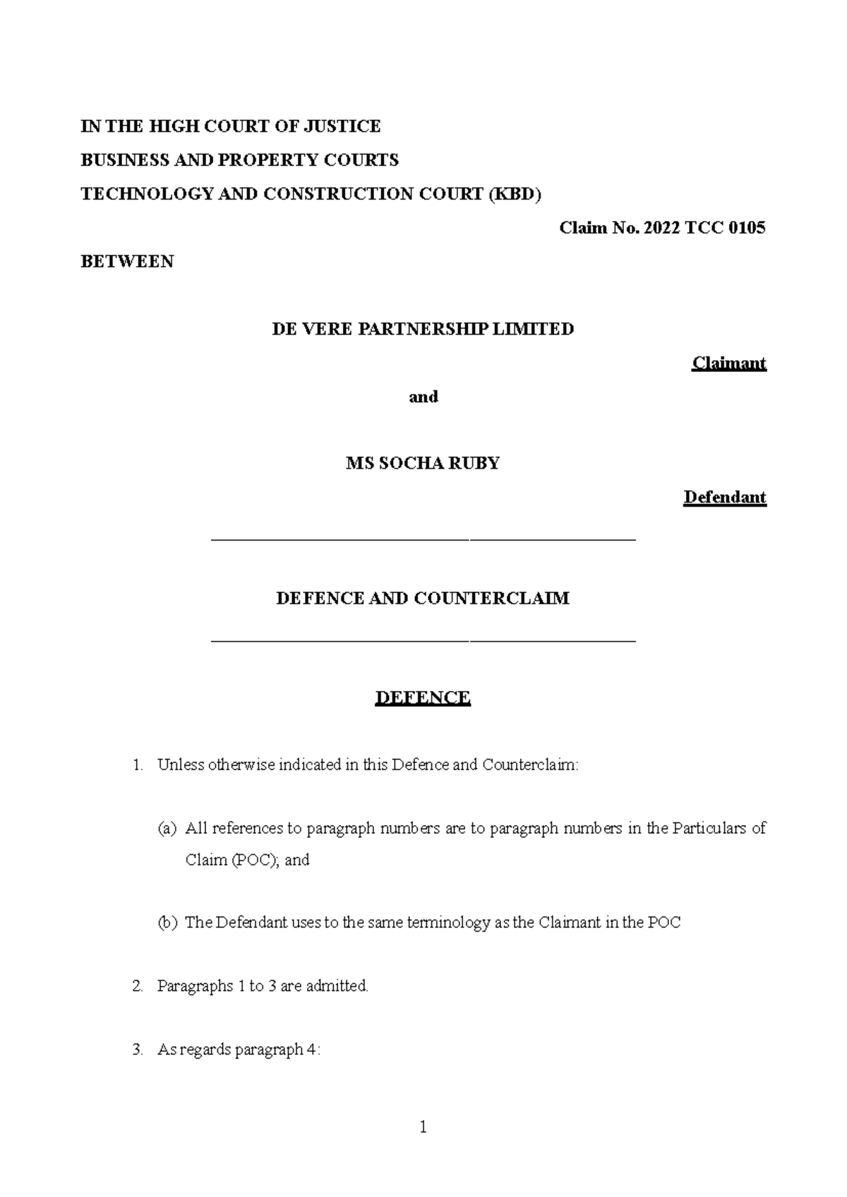 Defence and Counterclaim in De Vere Ltd v Ruby (DAC) Case Analysis ...